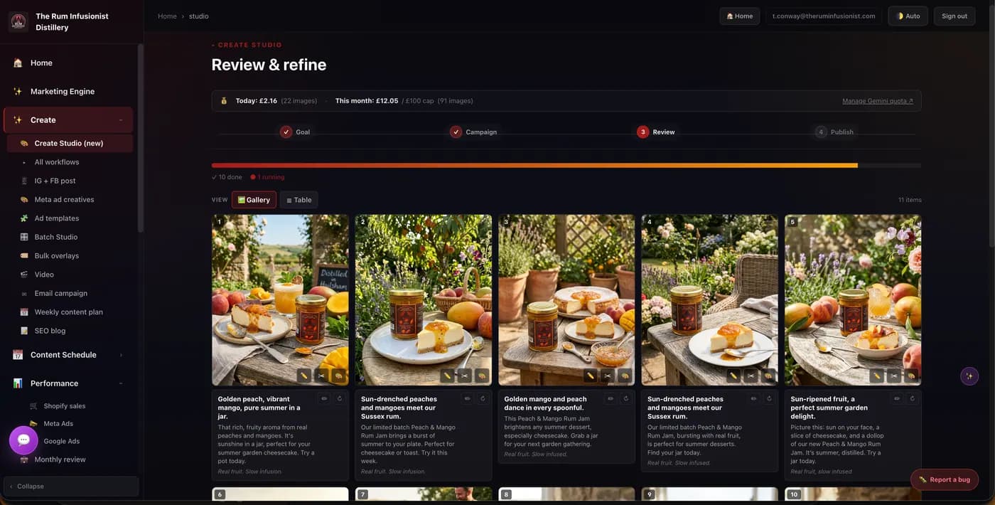 The Scarif One studio reviewing a gallery of on-brand AI-generated ad creatives