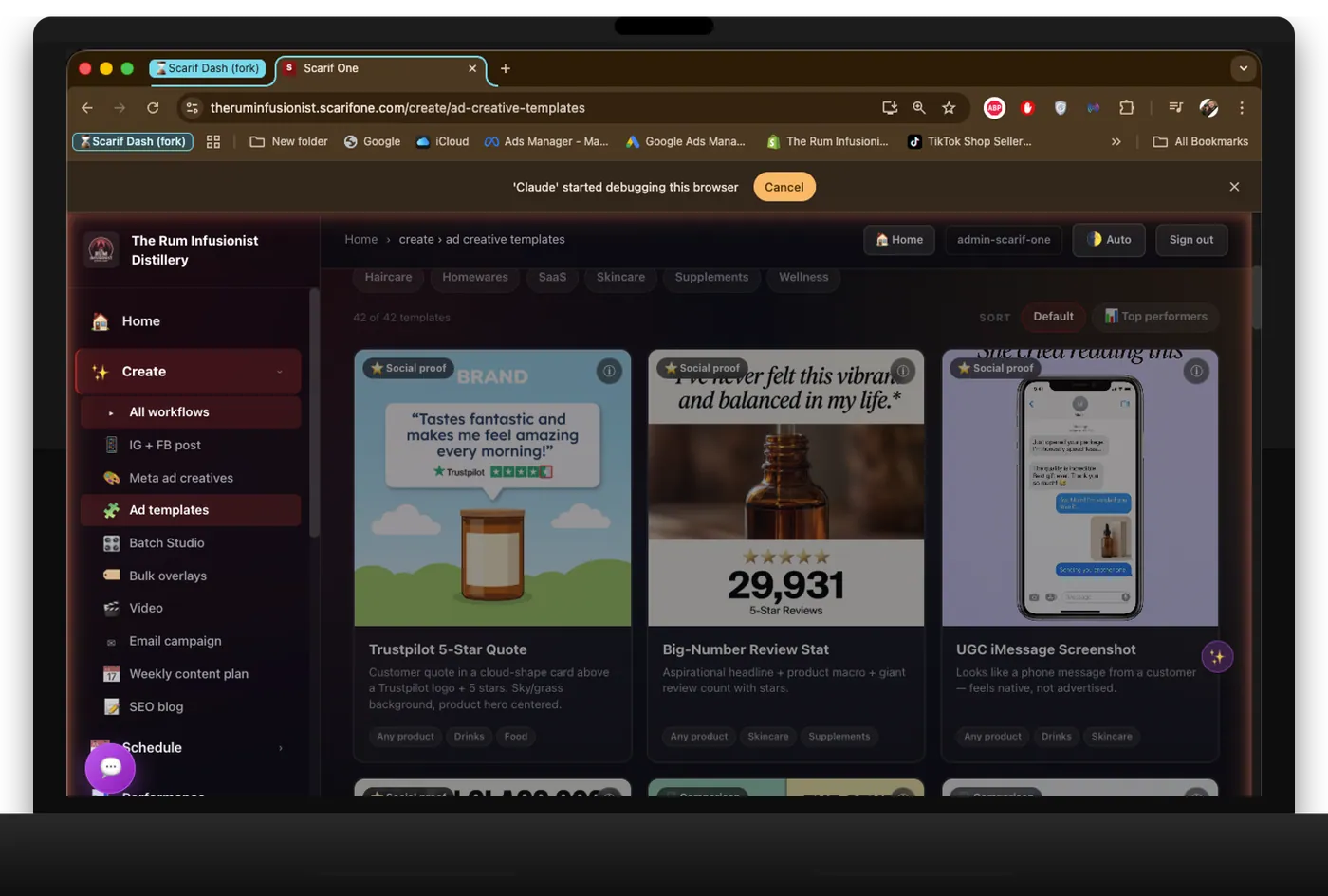 42 ad creative template cards spanning ecom and SaaS