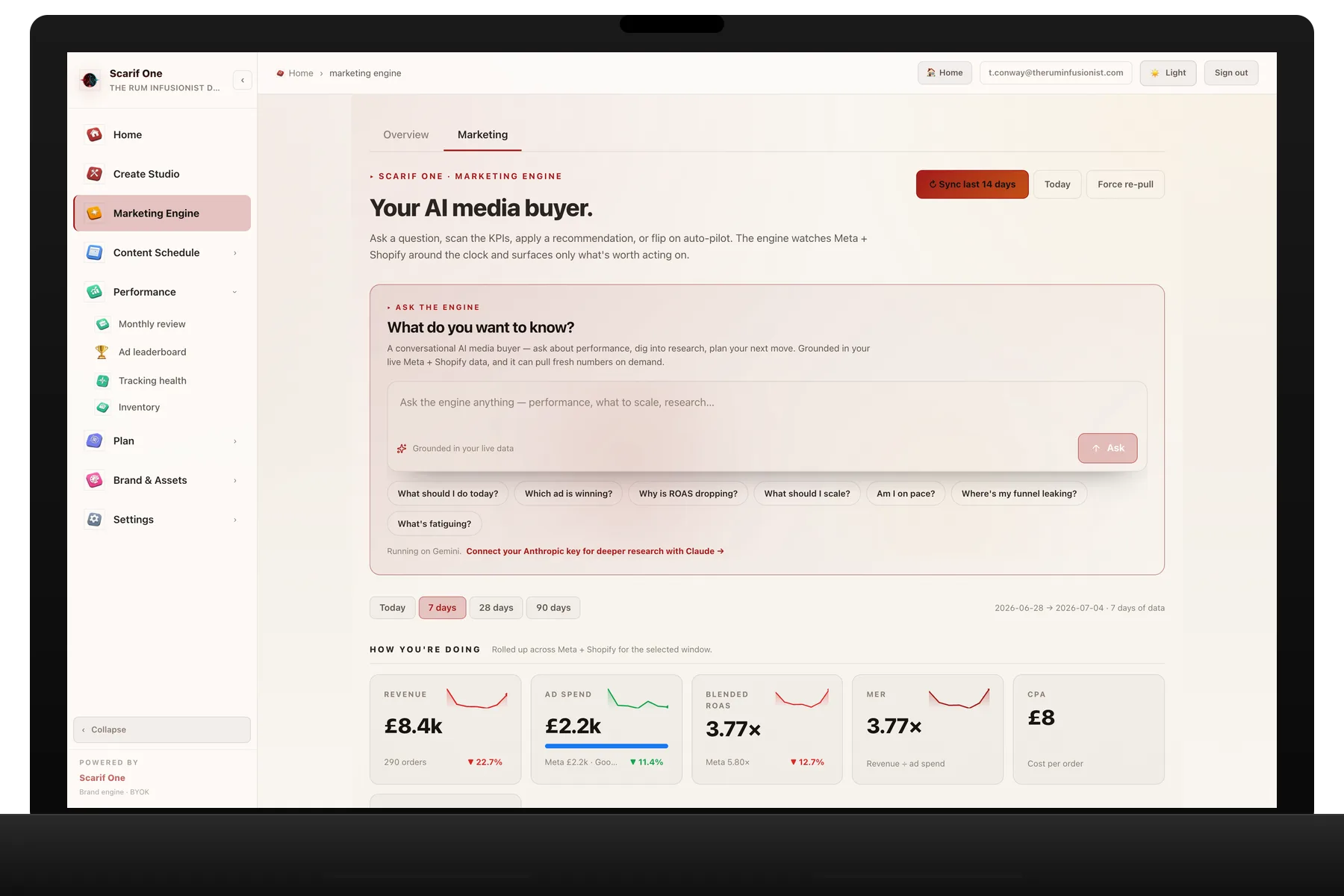 Marketing Engine dashboard with the ask-anything AI media buyer and live KPIs