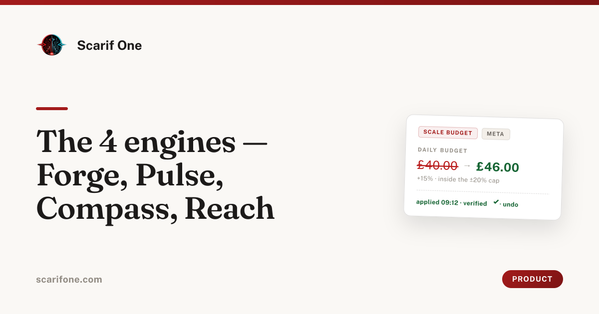 The 4 engines — Forge, Pulse, Compass, Reach · Scarif One